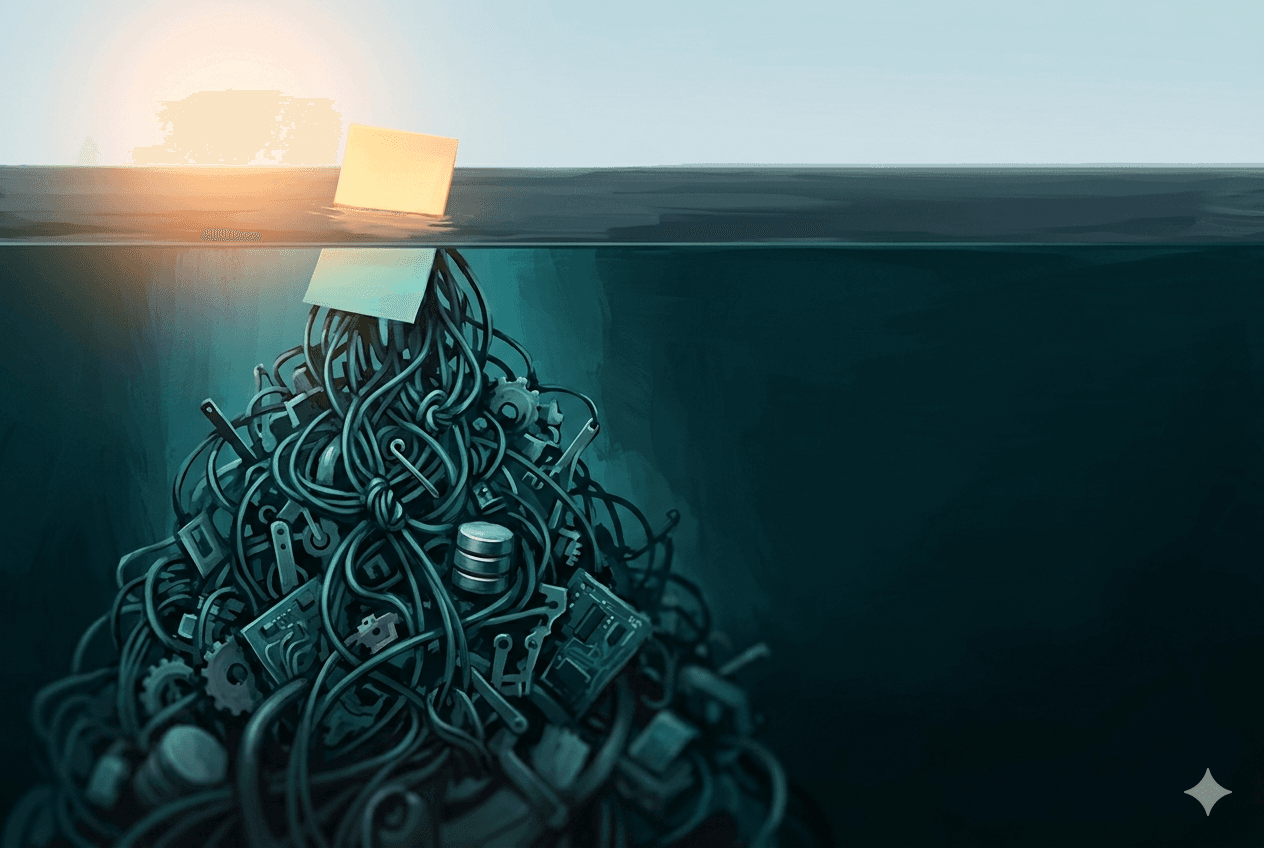 A small yellow sticky note floats at the waterline like the tip of an iceberg, while a huge tangled mass of cables, gears, and database drives hangs hidden beneath the surface.