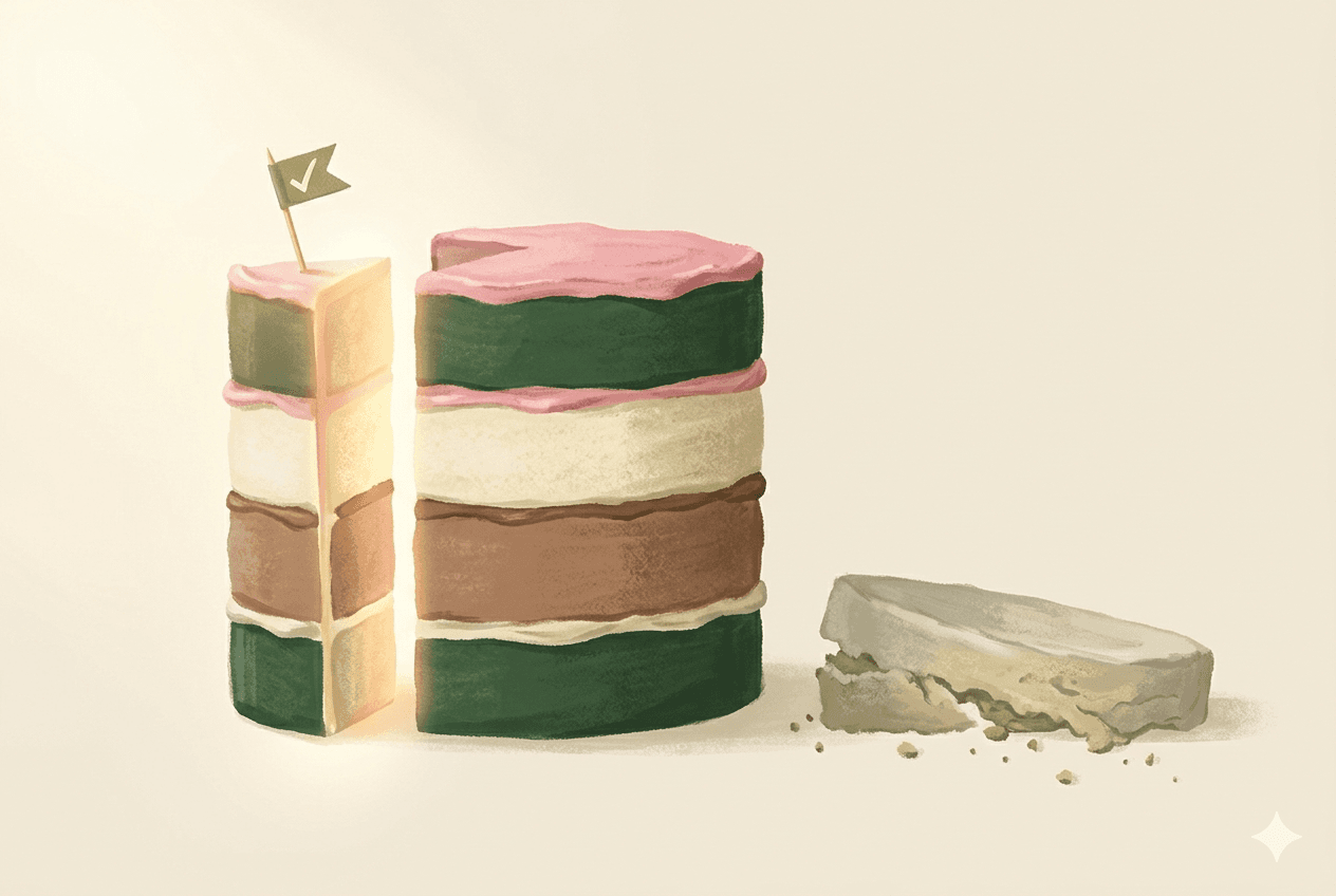 A layer cake shown two ways: a thin vertical wedge cut cleanly through every layer with a small flag on top, beside a single horizontal layer pulled out on its own and crumbling apart.