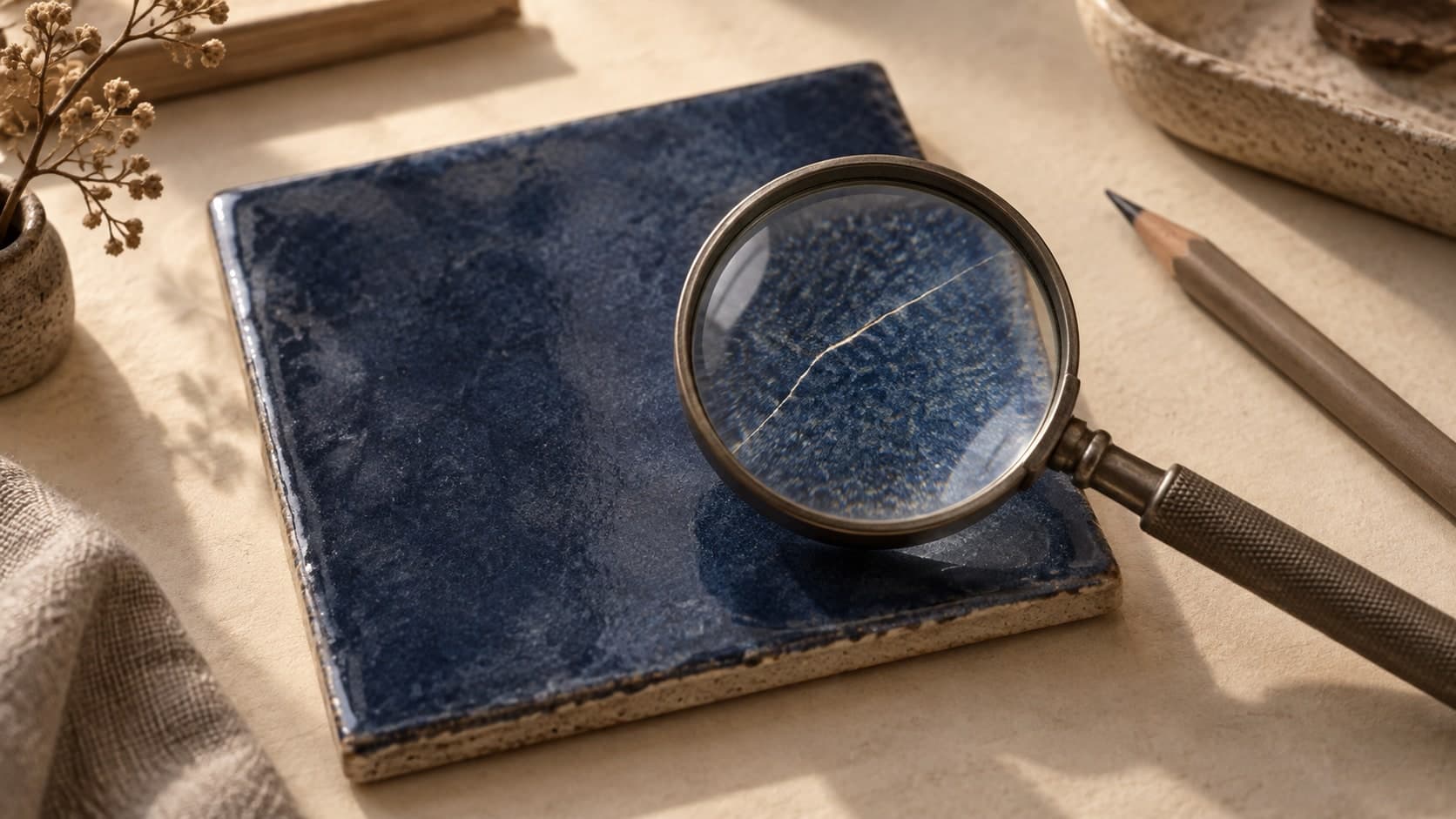 A magnifying glass reveals a fine crack in a ceramic tile that looks smooth from a distance.