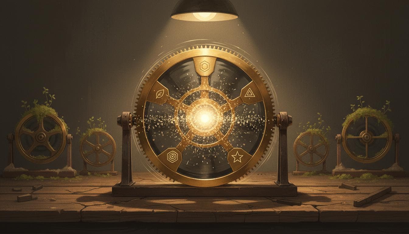 A brass flywheel on a workshop bench, lit by a single overhead lamp, spinning fast enough to pull glowing code particles toward its center. Five smaller flywheels sit unused in the background, gathering dust and growing moss.