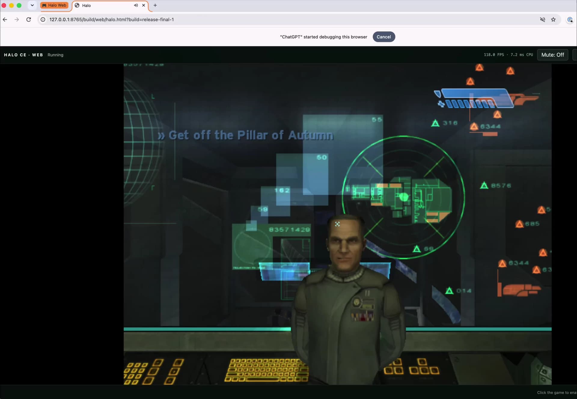 Captain Keyes on the Pillar of Autumn in Halo, running inside Chrome with its tabs, address bar, and the Halo CE Web interface visible.