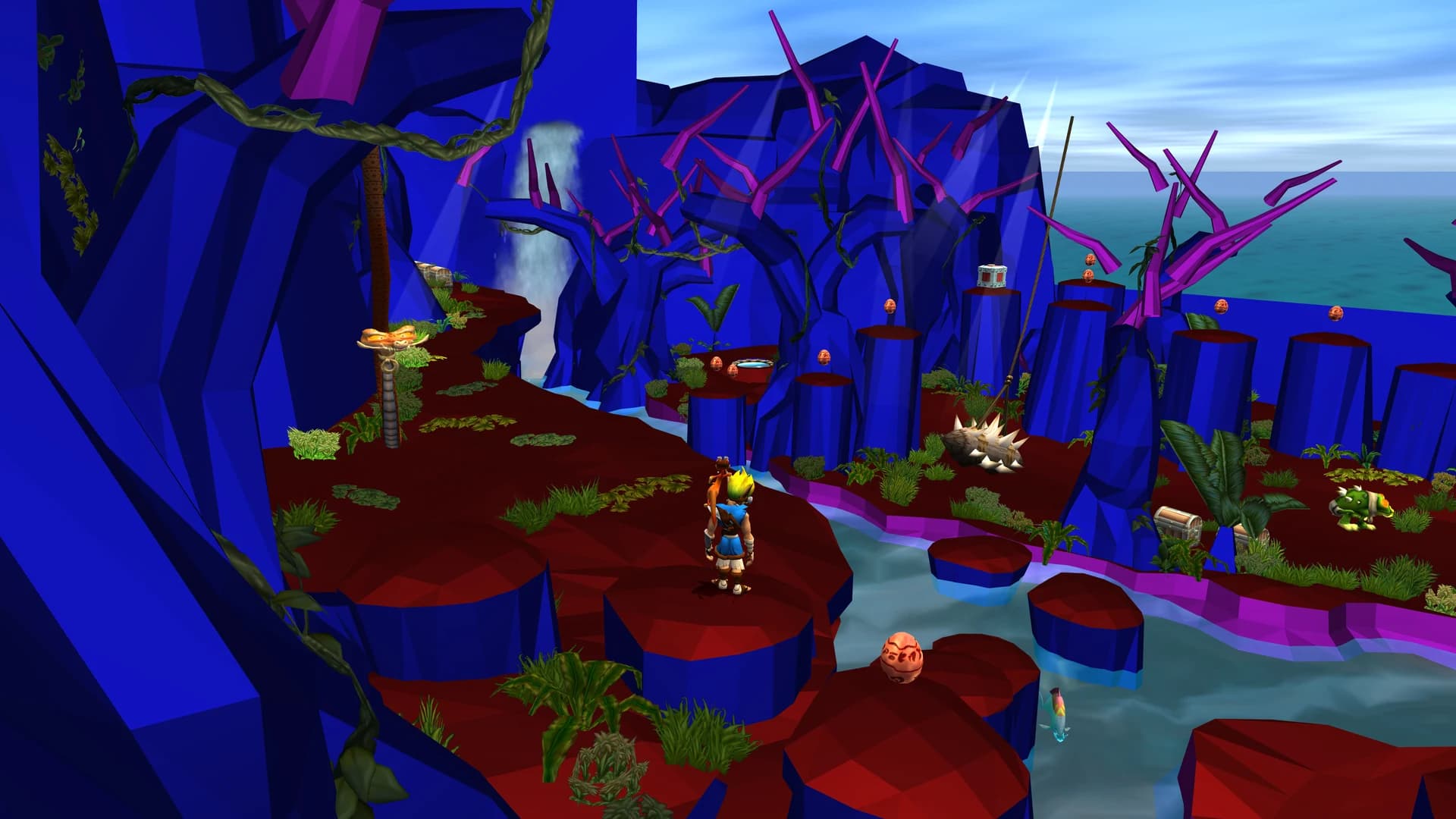 Jak stands among cliffs and platforms whose collision surfaces appear as bright blue and red polygons.