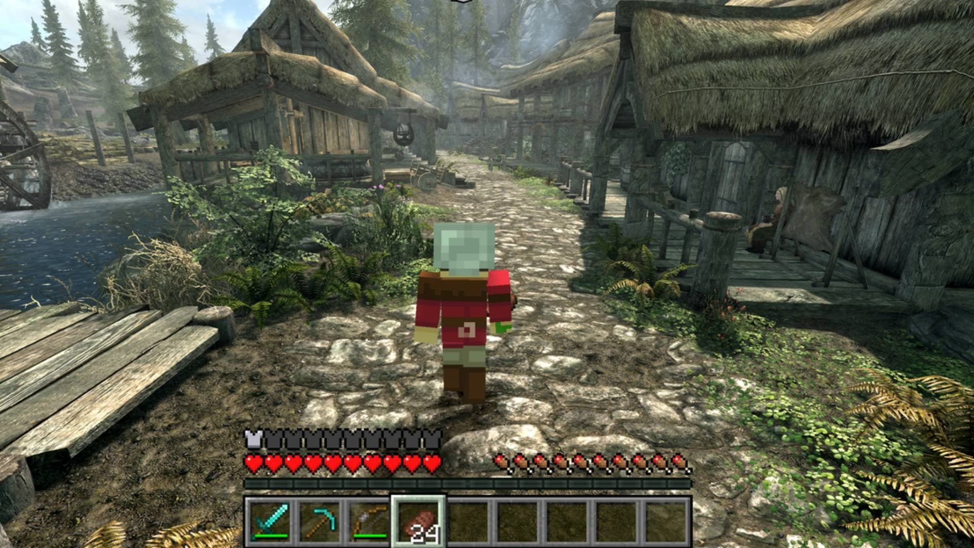 A Minecraft character walks through Skyrim’s village of Riverwood, with Minecraft hearts, hunger indicators, and inventory along the bottom.