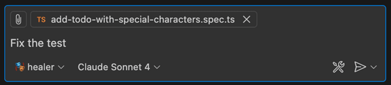 An editor prompt box with a failing spec file attached, the instruction Fix the test, and the healer agent selected